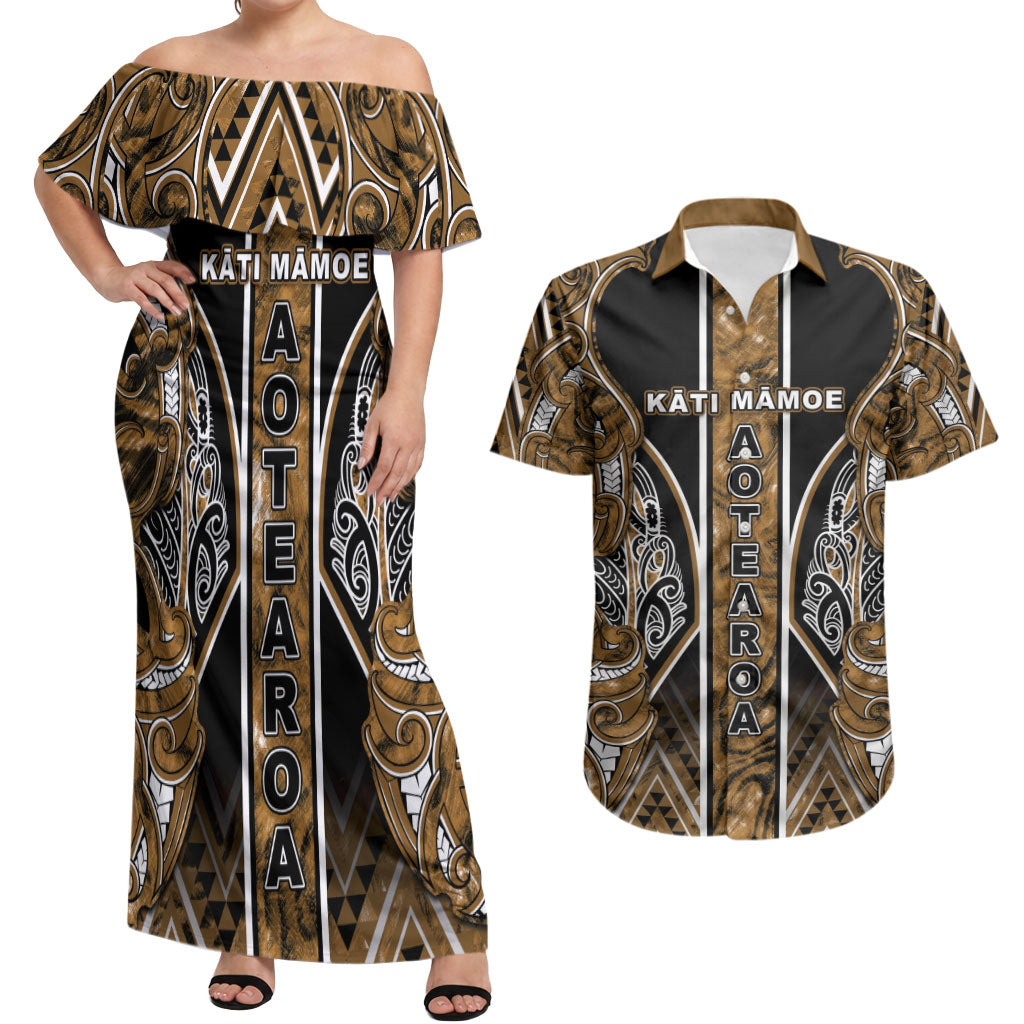 Aotearoa Kati Mamoe Couples Matching Off Shoulder Maxi Dress and Hawaiian Shirt Maori Brown Tribal Paua Shell Pattern