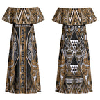 Aotearoa Kati Mamoe Couples Matching Off Shoulder Maxi Dress and Hawaiian Shirt Maori Brown Tribal Paua Shell Pattern