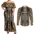 Aotearoa Kati Mamoe Couples Matching Off Shoulder Maxi Dress and Long Sleeve Button Shirt Maori Brown Tribal Paua Shell Pattern