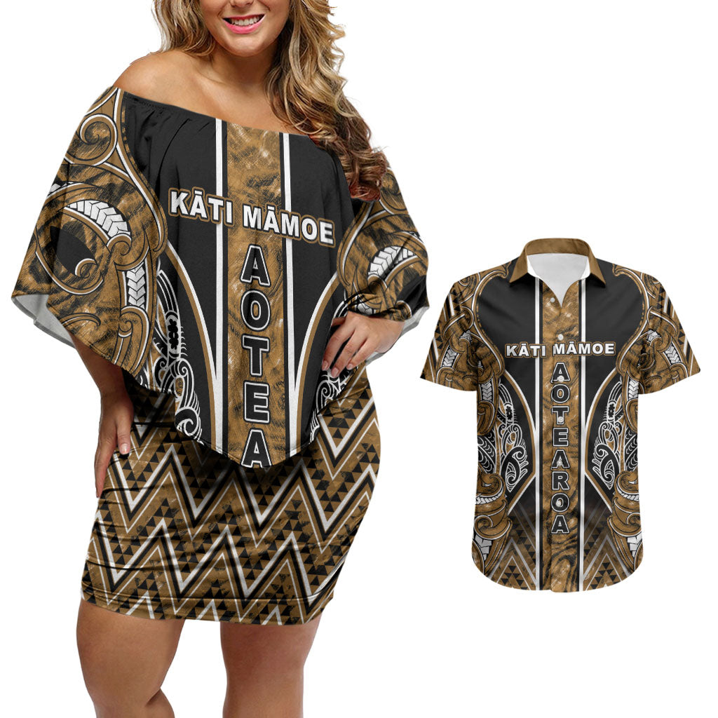 Aotearoa Kati Mamoe Couples Matching Off Shoulder Short Dress and Hawaiian Shirt Maori Brown Tribal Paua Shell Pattern
