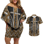Aotearoa Kati Mamoe Couples Matching Off Shoulder Short Dress and Hawaiian Shirt Maori Brown Tribal Paua Shell Pattern