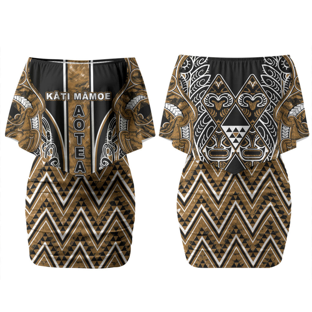 Aotearoa Kati Mamoe Couples Matching Off Shoulder Short Dress and Hawaiian Shirt Maori Brown Tribal Paua Shell Pattern