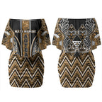 Aotearoa Kati Mamoe Couples Matching Off Shoulder Short Dress and Long Sleeve Button Shirt Maori Brown Tribal Paua Shell Pattern