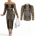 Aotearoa Kati Mamoe Couples Matching Off The Shoulder Long Sleeve Dress and Long Sleeve Button Shirt Maori Brown Tribal Paua Shell Pattern