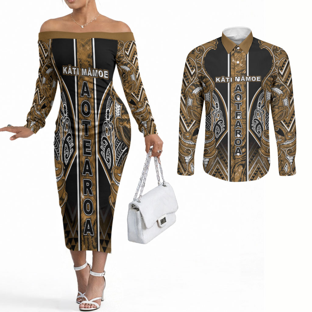 Aotearoa Kati Mamoe Couples Matching Off The Shoulder Long Sleeve Dress and Long Sleeve Button Shirt Maori Brown Tribal Paua Shell Pattern
