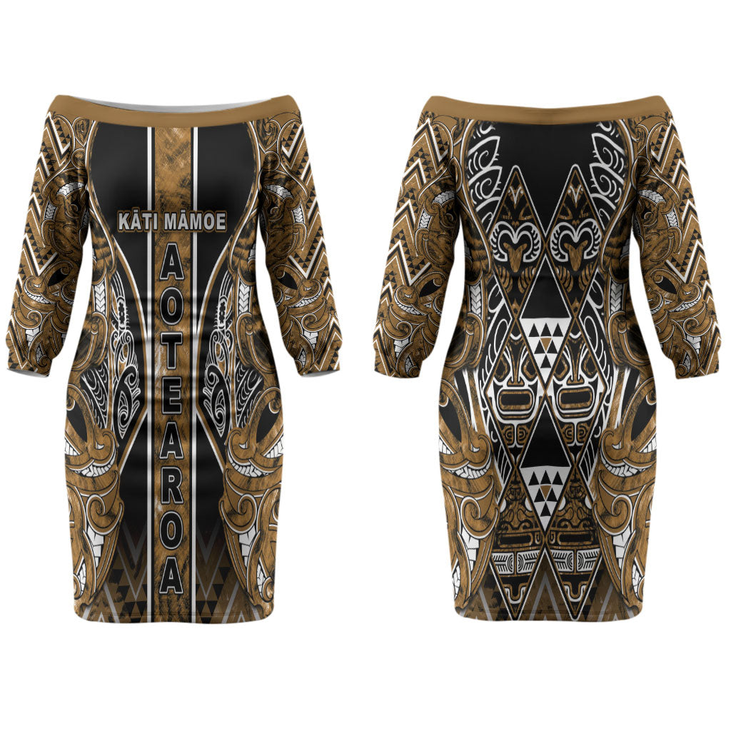 Aotearoa Kati Mamoe Couples Matching Off The Shoulder Long Sleeve Dress and Long Sleeve Button Shirt Maori Brown Tribal Paua Shell Pattern