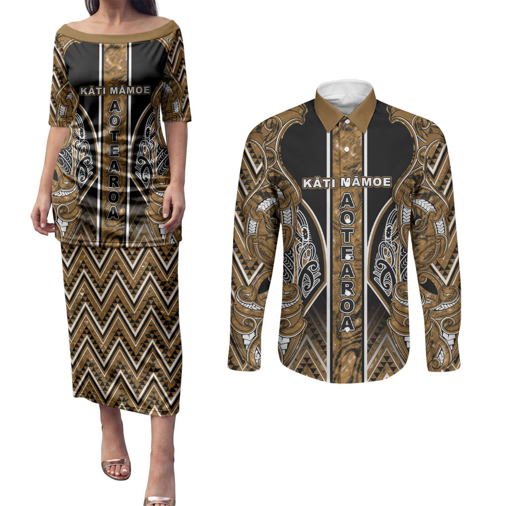 Aotearoa Kati Mamoe Couples Matching Puletasi and Long Sleeve Button Shirt Maori Brown Tribal Paua Shell Pattern