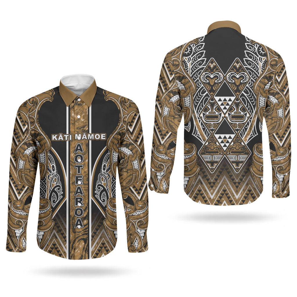 Aotearoa Kati Mamoe Couples Matching Puletasi and Long Sleeve Button Shirt Maori Brown Tribal Paua Shell Pattern