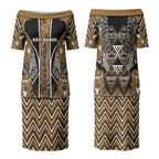Aotearoa Kati Mamoe Couples Matching Puletasi and Long Sleeve Button Shirt Maori Brown Tribal Paua Shell Pattern