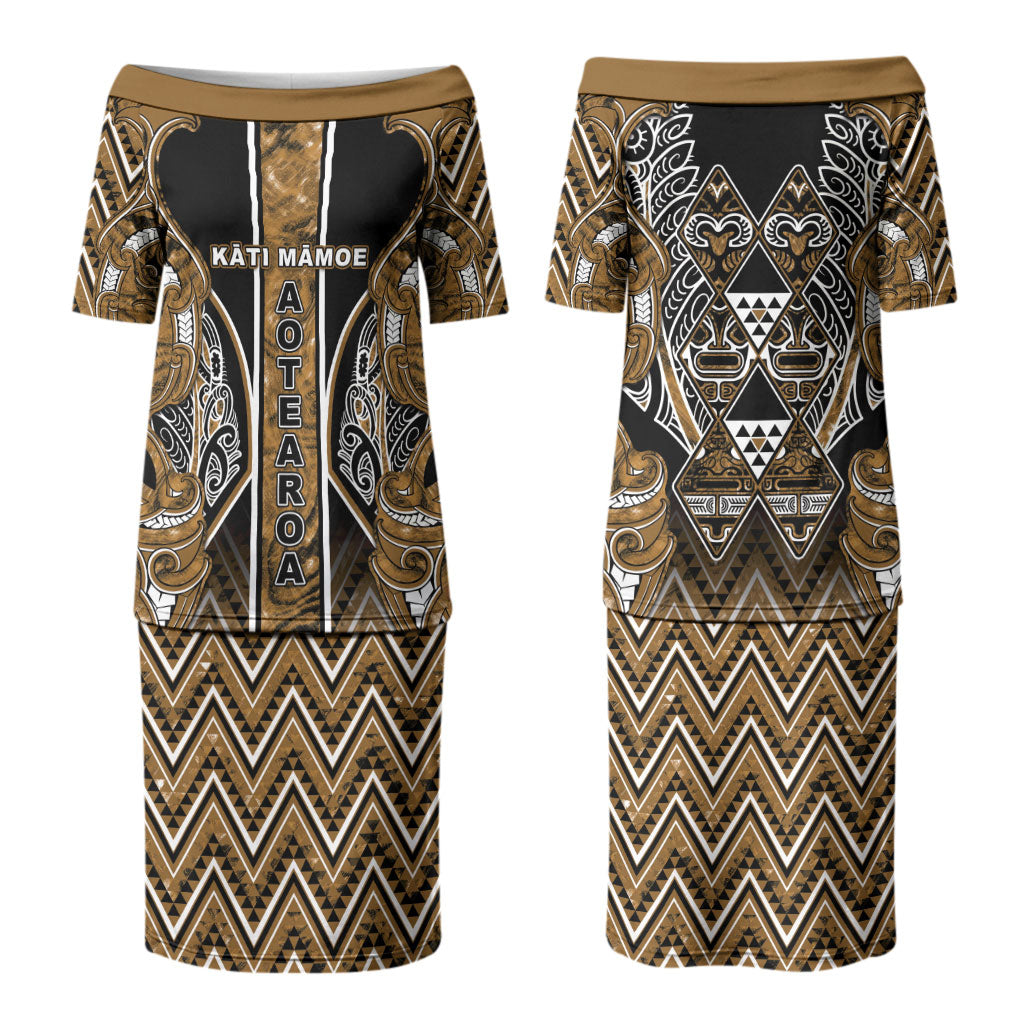 Aotearoa Kati Mamoe Couples Matching Puletasi and Long Sleeve Button Shirt Maori Brown Tribal Paua Shell Pattern