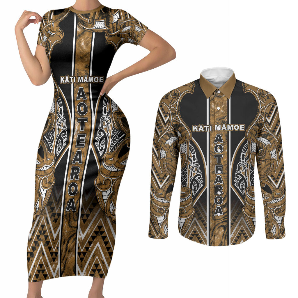 Aotearoa Kati Mamoe Couples Matching Short Sleeve Bodycon Dress and Long Sleeve Button Shirt Maori Brown Tribal Paua Shell Pattern