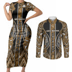 Aotearoa Kati Mamoe Couples Matching Short Sleeve Bodycon Dress and Long Sleeve Button Shirt Maori Brown Tribal Paua Shell Pattern