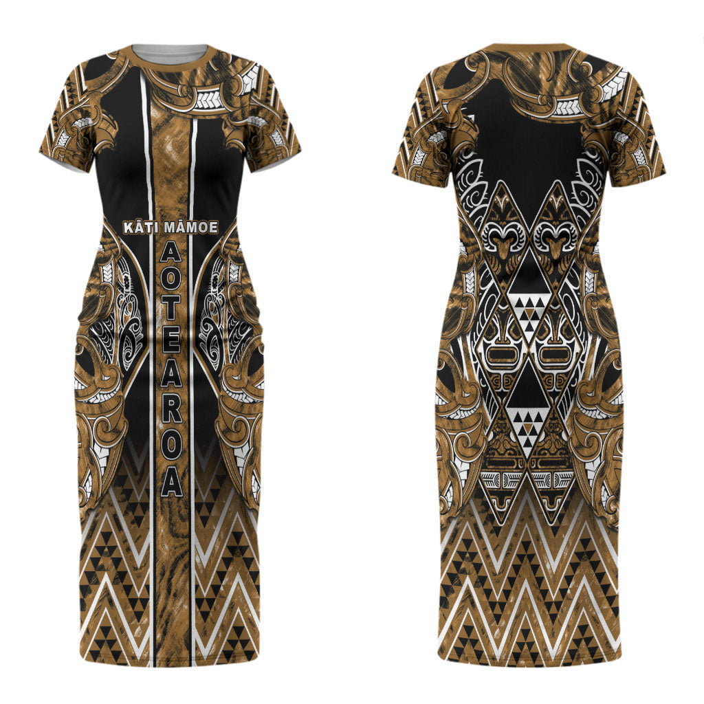 Aotearoa Kati Mamoe Couples Matching Short Sleeve Bodycon Dress and Long Sleeve Button Shirt Maori Brown Tribal Paua Shell Pattern