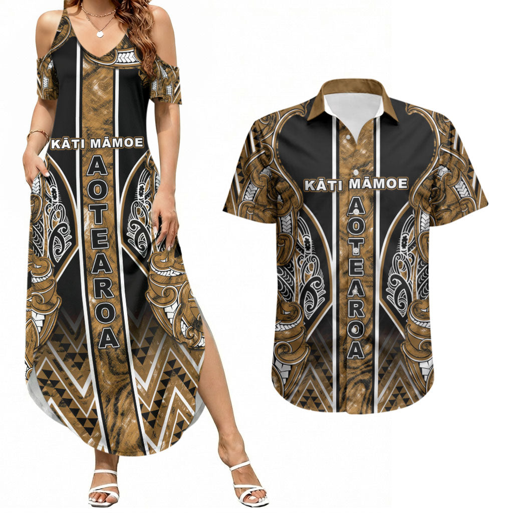 Aotearoa Kati Mamoe Couples Matching Summer Maxi Dress and Hawaiian Shirt Maori Brown Tribal Paua Shell Pattern