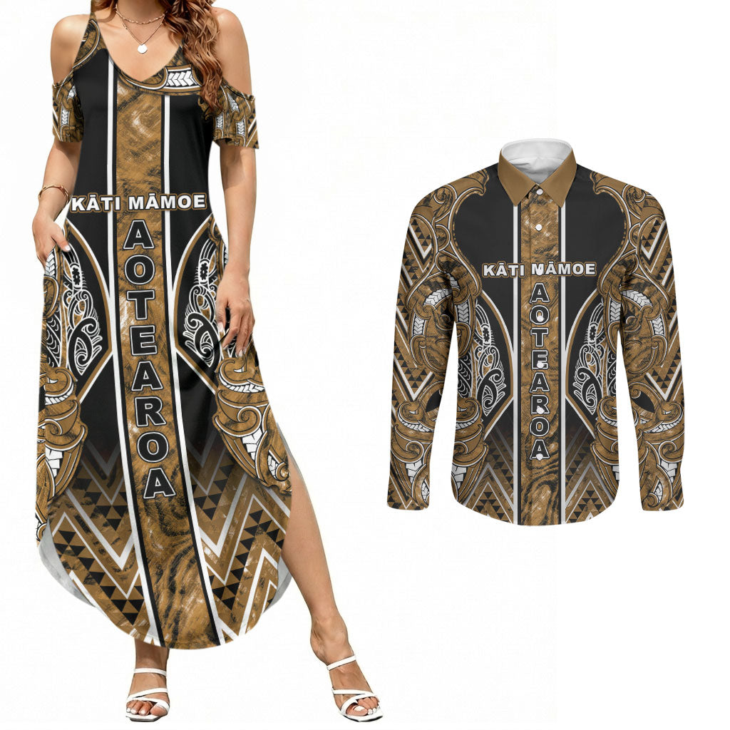 Aotearoa Kati Mamoe Couples Matching Summer Maxi Dress and Long Sleeve Button Shirt Maori Brown Tribal Paua Shell Pattern