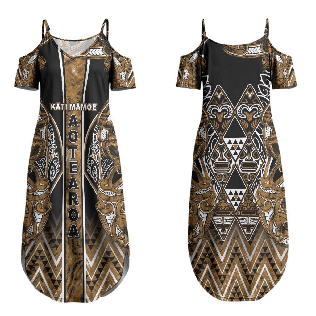 Aotearoa Kati Mamoe Couples Matching Summer Maxi Dress and Long Sleeve Button Shirt Maori Brown Tribal Paua Shell Pattern