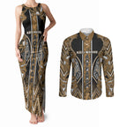 Aotearoa Kati Mamoe Couples Matching Tank Maxi Dress and Long Sleeve Button Shirt Maori Brown Tribal Paua Shell Pattern