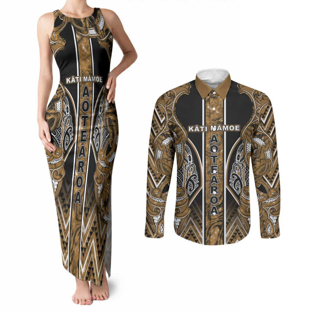Aotearoa Kati Mamoe Couples Matching Tank Maxi Dress and Long Sleeve Button Shirt Maori Brown Tribal Paua Shell Pattern