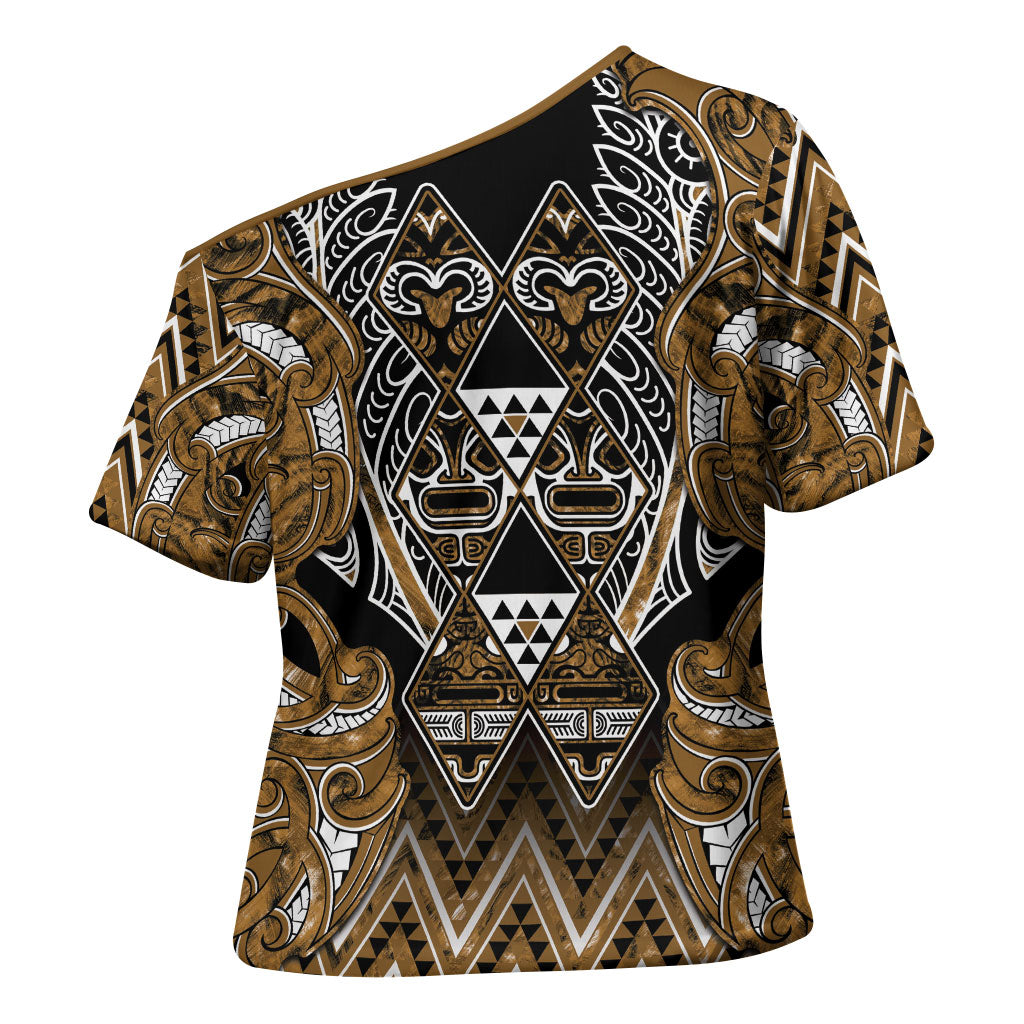 Aotearoa Kati Mamoe Cross Shoulder Shirt Maori Brown Tribal Paua Shell Pattern