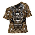 Aotearoa Kati Mamoe Cross Shoulder Shirt Maori Brown Tribal Paua Shell Pattern
