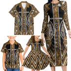 Aotearoa Kati Mamoe Family Matching Long Sleeve Bodycon Dress and Hawaiian Shirt Maori Brown Tribal Paua Shell Pattern