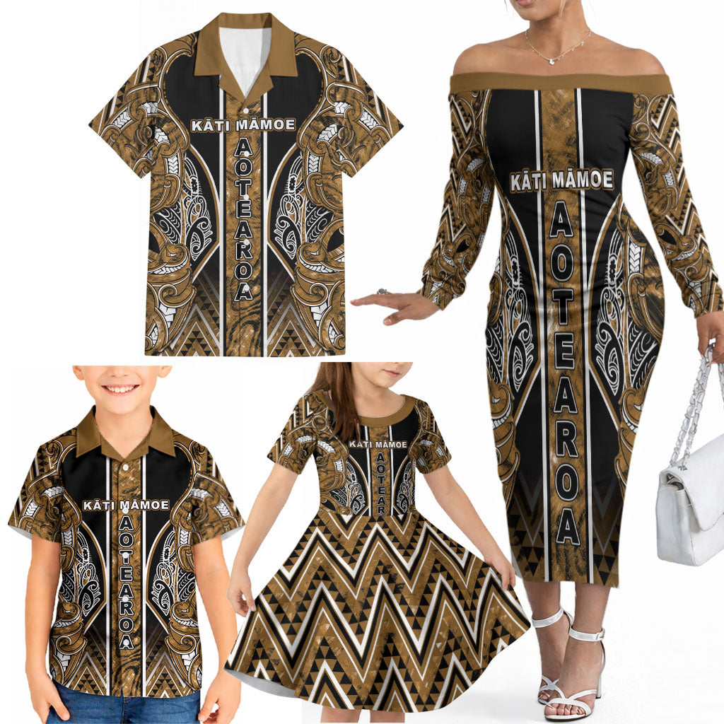 Aotearoa Kati Mamoe Family Matching Off The Shoulder Long Sleeve Dress and Hawaiian Shirt Maori Brown Tribal Paua Shell Pattern