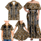 Aotearoa Kati Mamoe Family Matching Off Shoulder Maxi Dress and Hawaiian Shirt Maori Brown Tribal Paua Shell Pattern