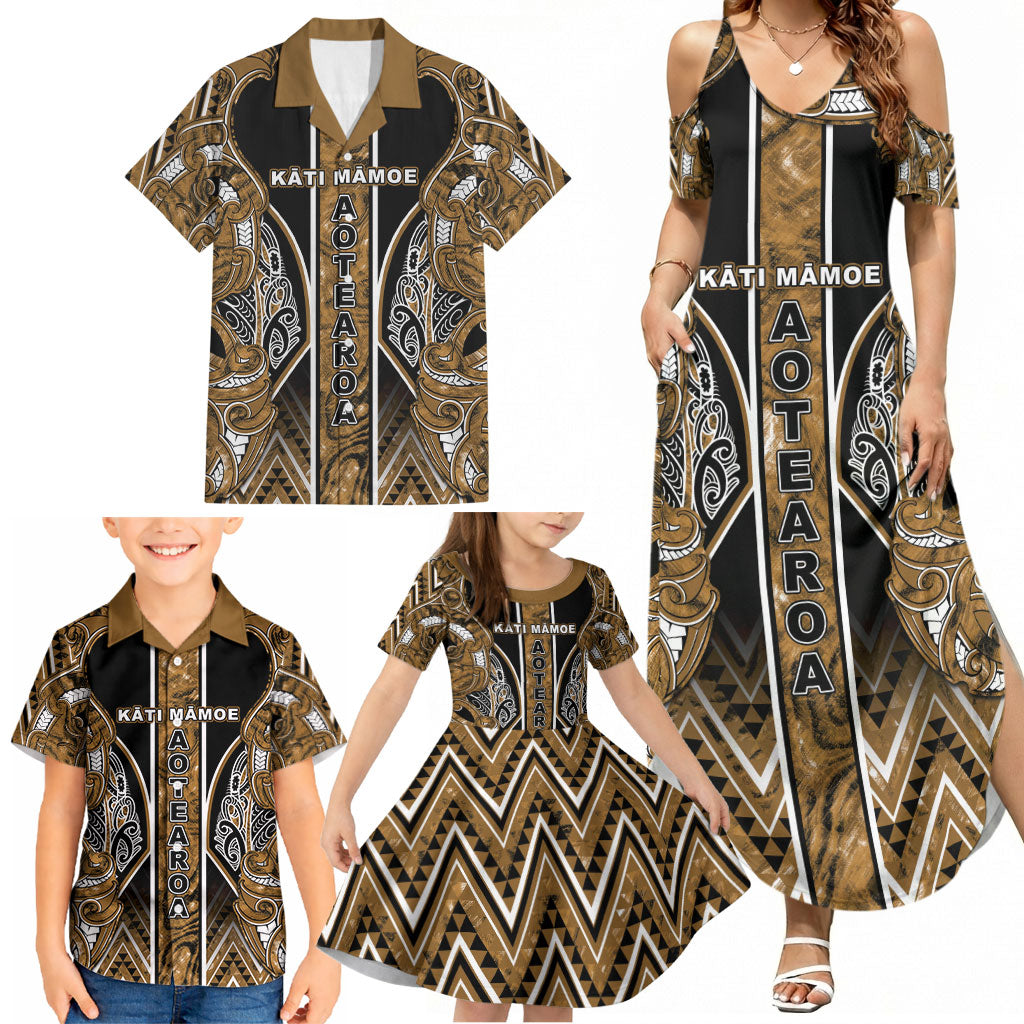 Aotearoa Kati Mamoe Family Matching Summer Maxi Dress and Hawaiian Shirt Maori Brown Tribal Paua Shell Pattern