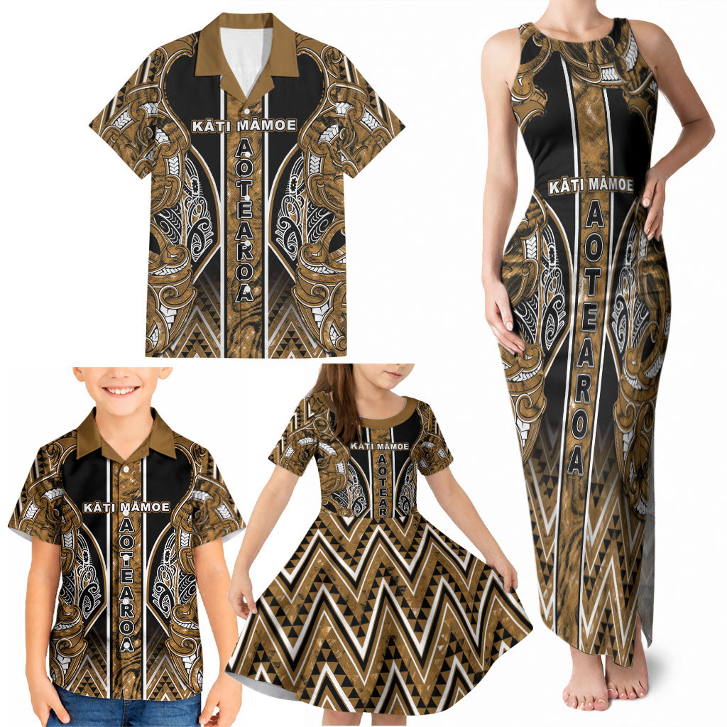 Aotearoa Kati Mamoe Family Matching Tank Maxi Dress and Hawaiian Shirt Maori Brown Tribal Paua Shell Pattern