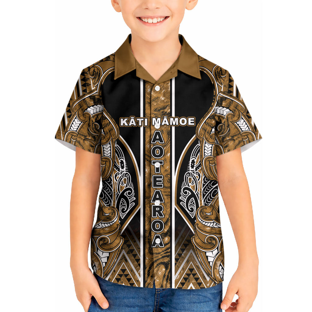 Aotearoa Kati Mamoe Kid Hawaiian Shirt Maori Brown Tribal Paua Shell Pattern