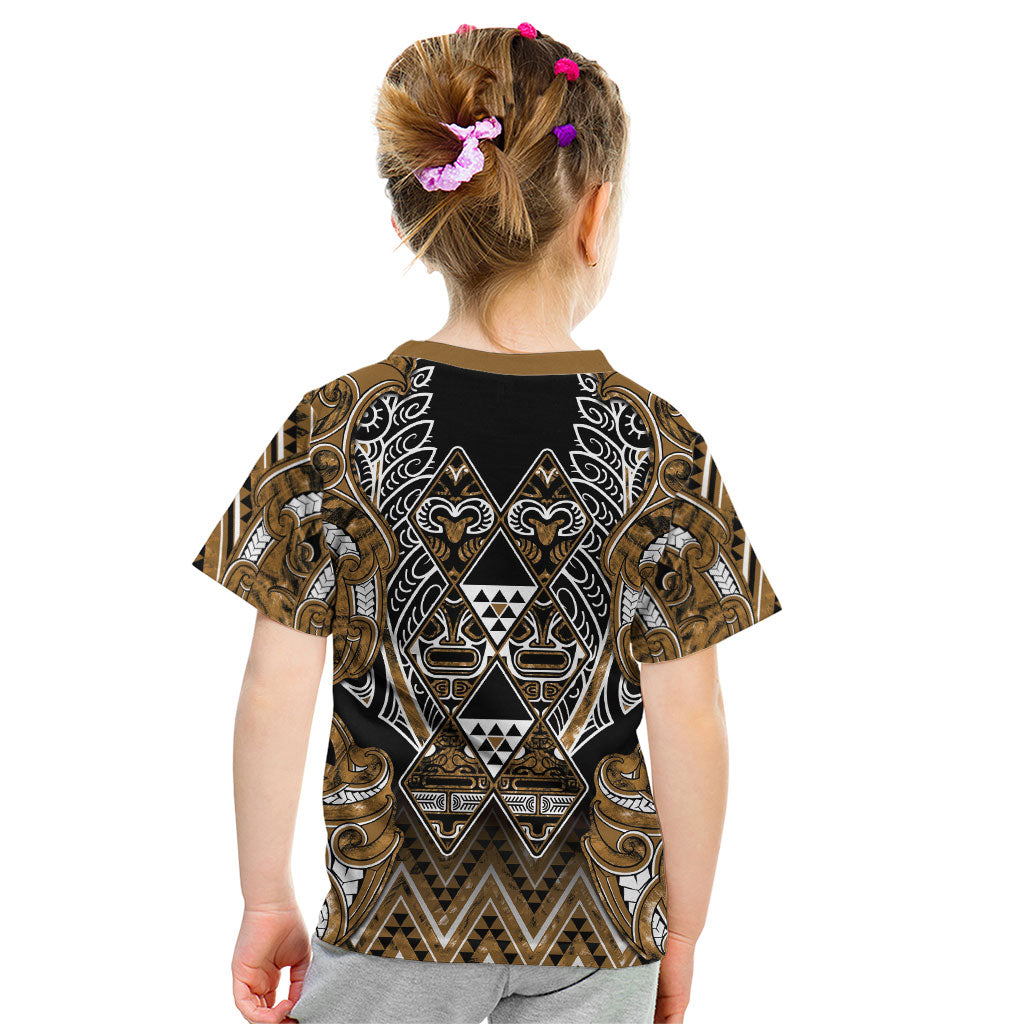 Aotearoa Kati Mamoe Kid T Shirt Maori Brown Tribal Paua Shell Pattern