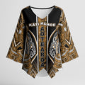 Aotearoa Kati Mamoe Kimono Sleeve Blouse Maori Brown Tribal Paua Shell Pattern