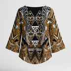 Aotearoa Kati Mamoe Kimono Sleeve Blouse Maori Brown Tribal Paua Shell Pattern