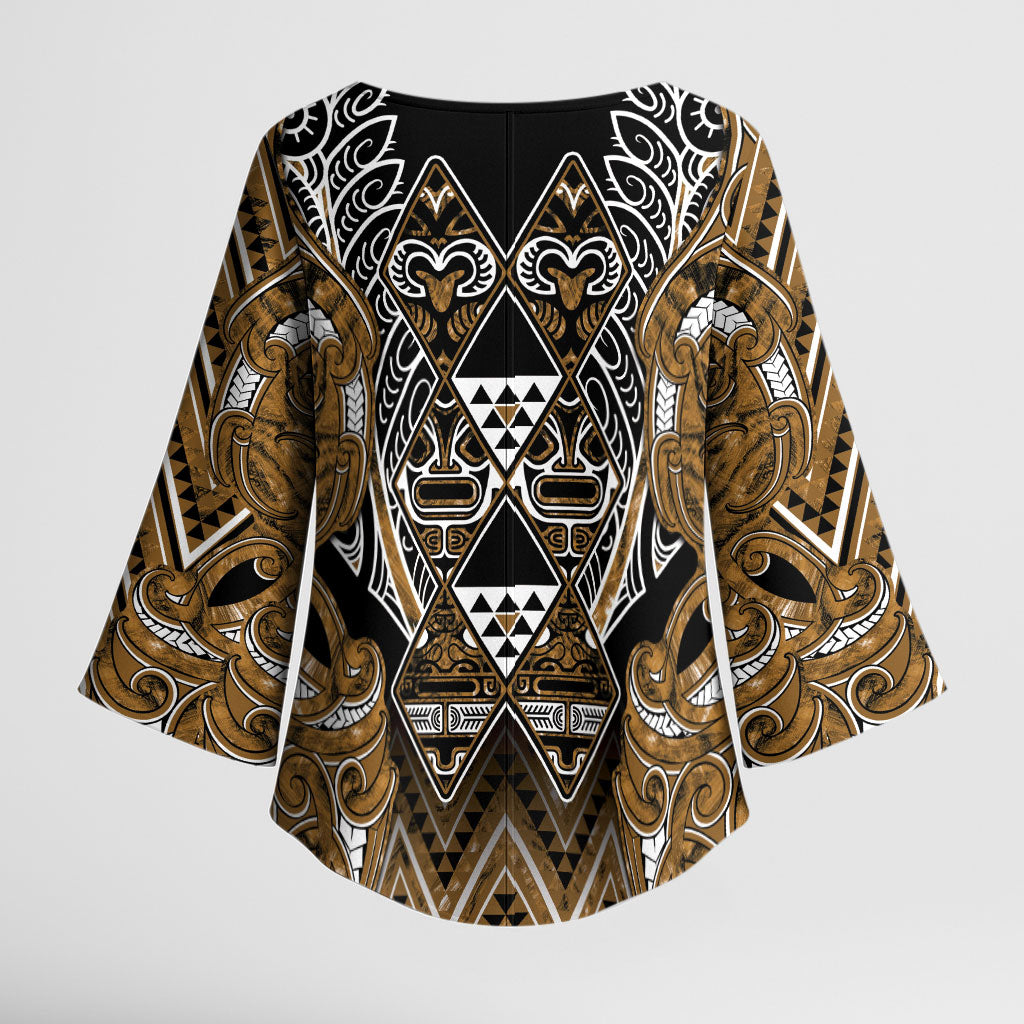 Aotearoa Kati Mamoe Kimono Sleeve Blouse Maori Brown Tribal Paua Shell Pattern