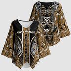 Aotearoa Kati Mamoe Kimono Sleeve Blouse Maori Brown Tribal Paua Shell Pattern