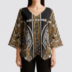 Aotearoa Kati Mamoe Kimono Sleeve Blouse Maori Brown Tribal Paua Shell Pattern