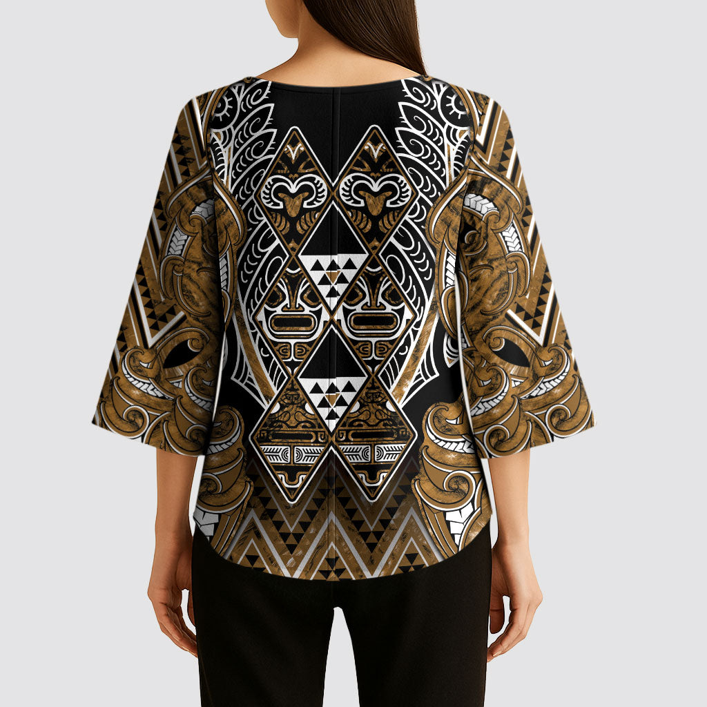 Aotearoa Kati Mamoe Kimono Sleeve Blouse Maori Brown Tribal Paua Shell Pattern