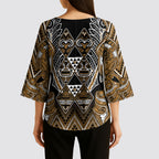 Aotearoa Kati Mamoe Kimono Sleeve Blouse Maori Brown Tribal Paua Shell Pattern