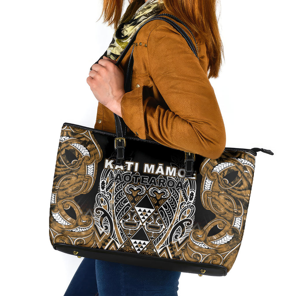 Aotearoa Kati Mamoe Leather Tote Bag Maori Brown Tribal Paua Shell Pattern