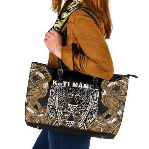 Aotearoa Kati Mamoe Leather Tote Bag Maori Brown Tribal Paua Shell Pattern