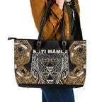 Aotearoa Kati Mamoe Leather Tote Bag Maori Brown Tribal Paua Shell Pattern