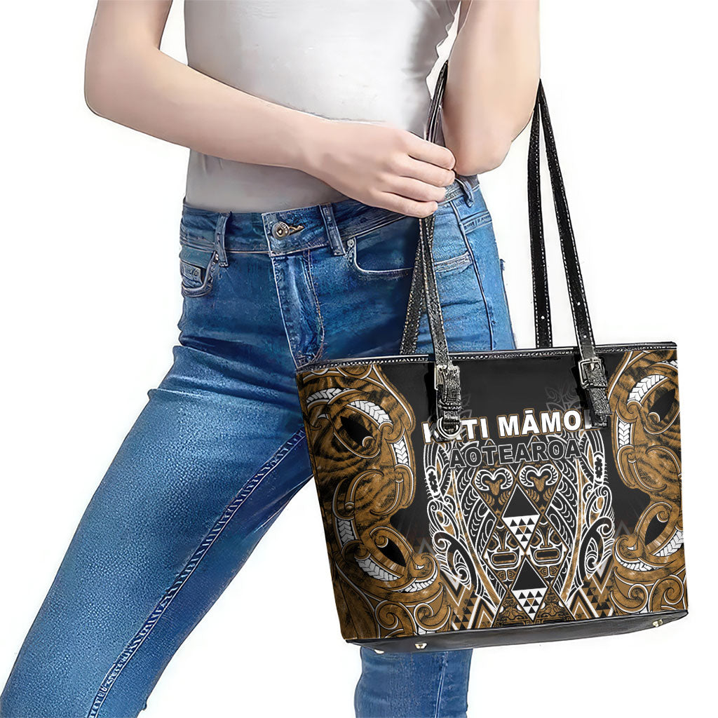 Aotearoa Kati Mamoe Leather Tote Bag Maori Brown Tribal Paua Shell Pattern
