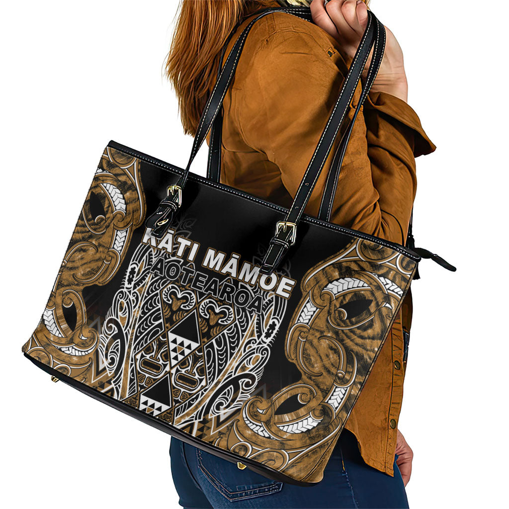 Aotearoa Kati Mamoe Leather Tote Bag Maori Brown Tribal Paua Shell Pattern