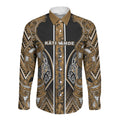 Aotearoa Kati Mamoe Long Sleeve Button Shirt Maori Brown Tribal Paua Shell Pattern