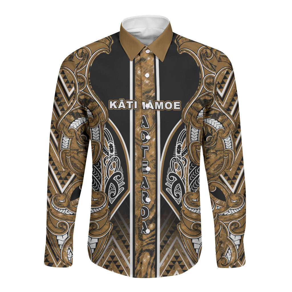 Aotearoa Kati Mamoe Long Sleeve Button Shirt Maori Brown Tribal Paua Shell Pattern