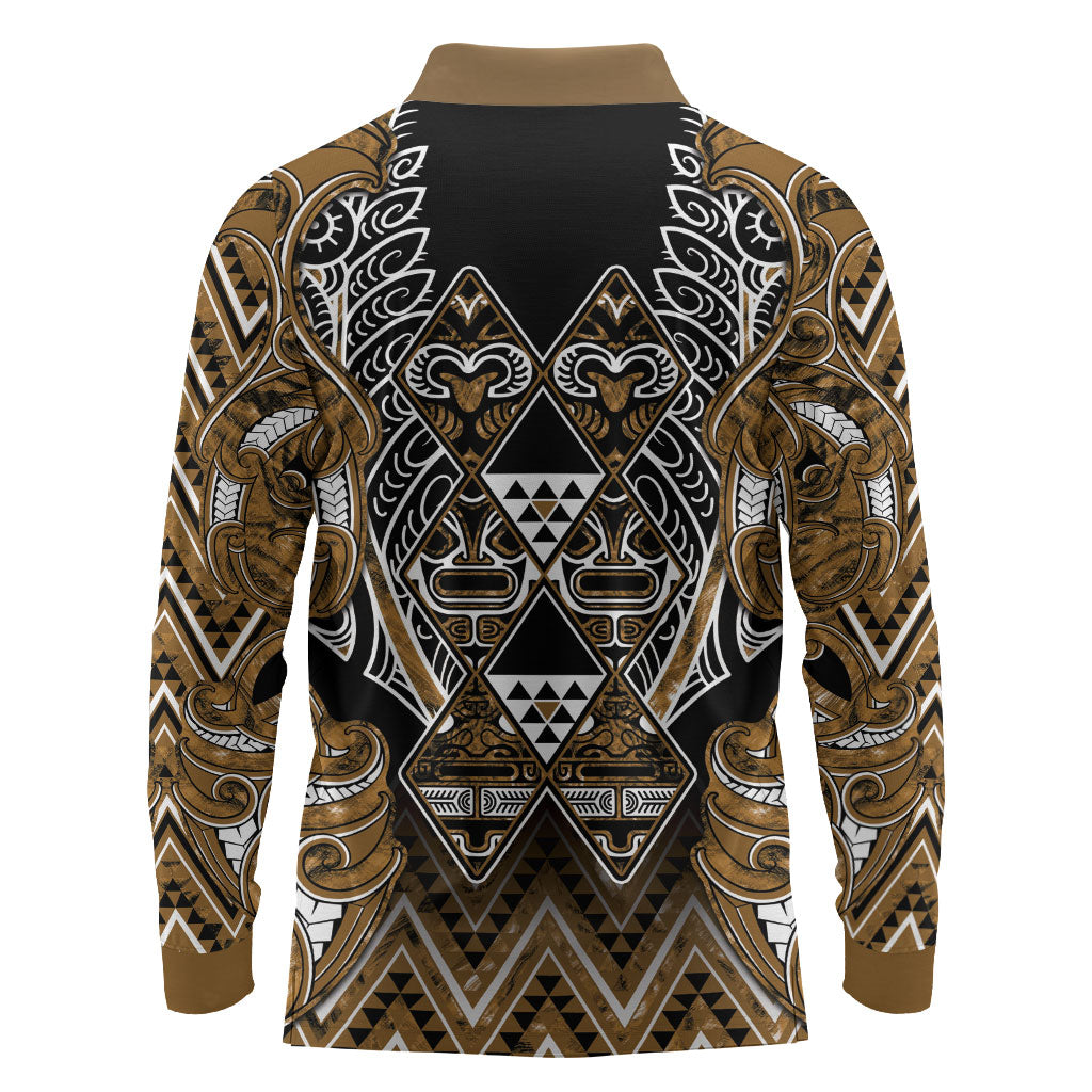 Aotearoa Kati Mamoe Long Sleeve Polo Shirt Maori Brown Tribal Paua Shell Pattern