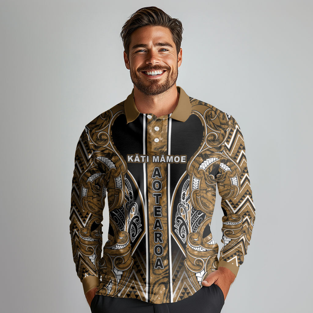 Aotearoa Kati Mamoe Long Sleeve Polo Shirt Maori Brown Tribal Paua Shell Pattern