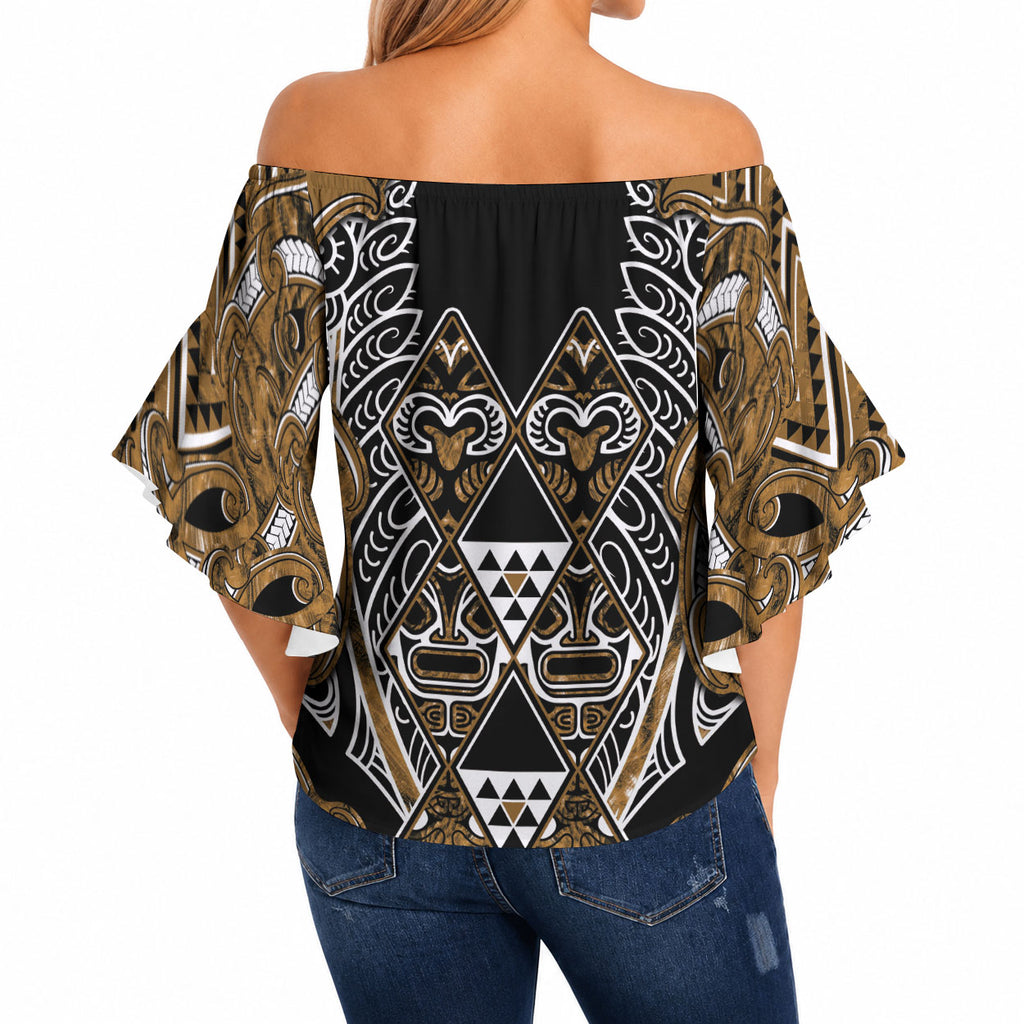 Aotearoa Kati Mamoe Off Shoulder Wrap Waist Top Maori Brown Tribal Paua Shell Pattern