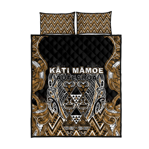 Aotearoa Kati Mamoe Quilt Bed Set Maori Brown Tribal Paua Shell Pattern