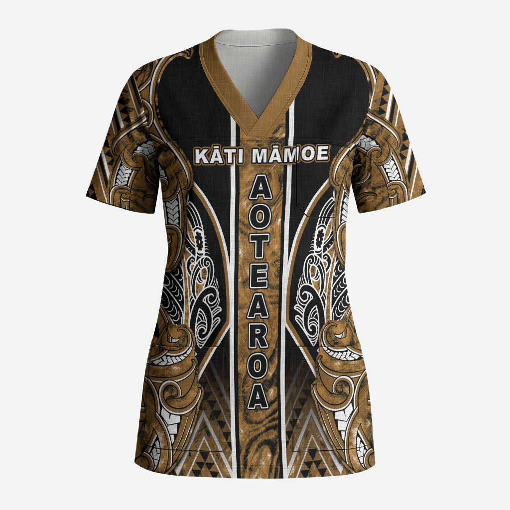 Aotearoa Kati Mamoe Scrub Top Maori Brown Tribal Paua Shell Pattern
